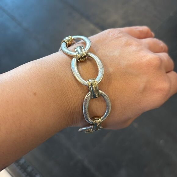 Brooks Brothers Wide Link Bracelet Silver Plated Gilt 8.5in Signed Toggle Clasp - Picture 4 of 5